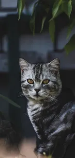 An elegant cat with vivid eyes amidst green leaves.