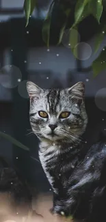 Elegant cat with amber eyes in nature with bokeh lights.