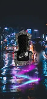 Cat on royal chair in neon-lit city street, night scene.