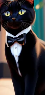 Elegant black cat wearing a tuxedo in digital art.