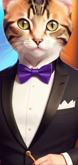 Elegant cat in tuxedo with purple bow tie on a vibrant background.