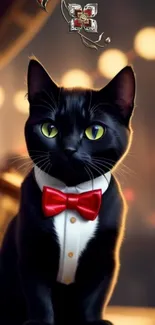 Black cat in tuxedo with red bow tie on elegant background.