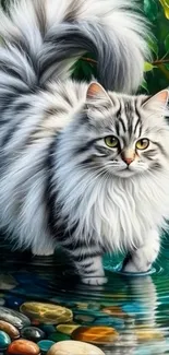 Fluffy cat stepping in water surrounded by leaves.