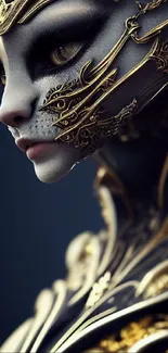 Elegant fantasy art of a cat-inspired figure with gold and intricate details.