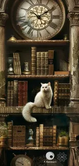 White cat sitting in an elegant vintage library setting.