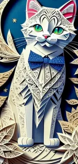 Intricate paper art cat with floral design on a dark blue background.