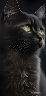 Digital art of a cat with yellow eyes and black fur, perfect for wallpaper.