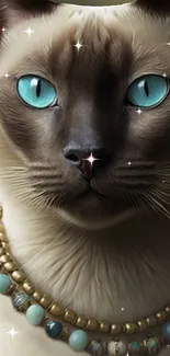 Elegant cat with blue eyes and a jewel necklace, sparkling stars in the background.