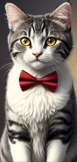 Elegant gray cat with a red bow tie and yellow eyes.