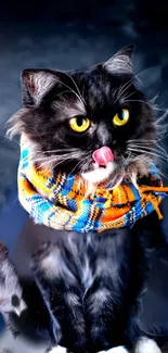 Black cat with vibrant orange and blue scarf.