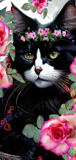 Black and white cat with pink floral crown and roses wallpaper.