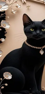 Elegant black cat with floral and jeweled elements.