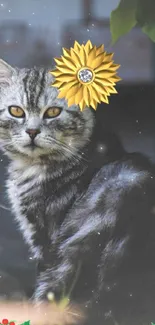 Elegant grey cat with a sunflower accessory and floral frame.