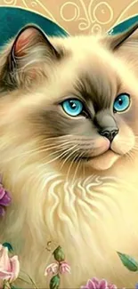 Cat with blue eyes, surrounded by flowers and butterflies in elegant artwork.