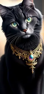 Majestic black cat with jewel necklace, elegant wallpaper design.