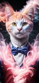 Dapper cat in bow tie with mystical pink aura on mobile wallpaper.