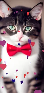 Elegant cat with green eyes and red bowtie, perfect for mobile wallpaper.