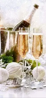 Festive wallpaper with champagne and holiday decorations.