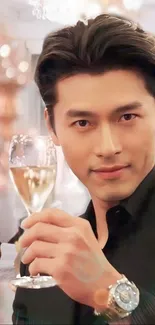 Man in a dark suit raising a glass in a luxurious setting.