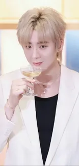 Celebrity in white suit holding a glass, elegant and stylish wallpaper.