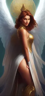 Mobile wallpaper of a golden-armored angel with large, glowing wings.