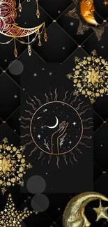 Elegant celestial wallpaper with sun, moon, and stars on a black background.