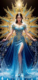 Celestial queen in blue and gold gown wallpaper.