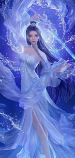 Celestial woman in flowing violet dress with mystical aura.