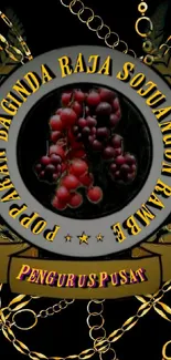 Vintage grapes emblem surrounded by golden chains on a black background.