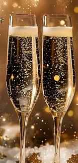 Two champagne glasses with golden bubbles against a festive background.