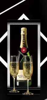 Champagne bottle with two flutes on a geometric black and white background.