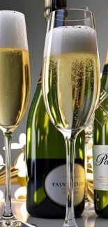 Elegant champagne glasses and bottles scene for mobile wallpaper.