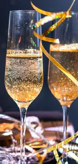 Elegant champagne glasses with bubbles and ribbon.
