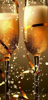 Champagne glasses with golden ribbons for a festive celebration.