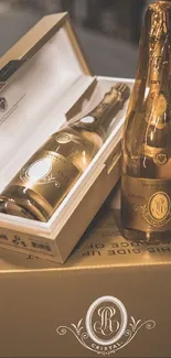 Luxurious champagne bottles in an elegant gold display box.