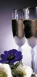 Champagne glasses and flowers in an elegant setting wallpaper.