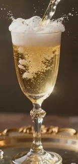 Champagne being poured into a flute with bubbles.
