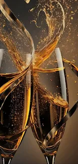 Elegant champagne splash with golden bubbles on black background.