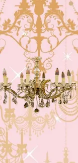 Elegant gold chandelier on pink art wallpaper.