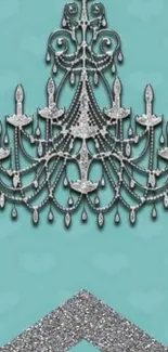 Elegant chandelier on teal with glitter chevron design.