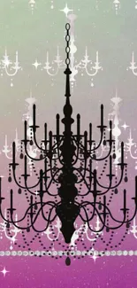 Elegant black chandelier on pastel gradient background.