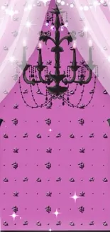 Elegant pink wallpaper with vintage chandelier and black bows.