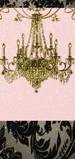 Elegant gold chandelier on pink background with black floral design.