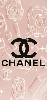 Chanel logo on pink embossed background.