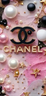 Chanel logo with pearls and stars on pink background.