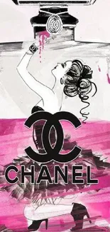 Chanel perfume bottle with artistic pink highlights, mobile wallpaper.