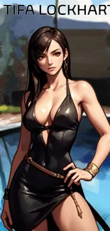 Elegant character art wallpaper with a woman by the pool.