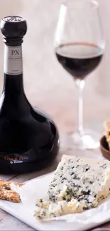 Gourmet cheese and wine setup with crackers on rustic table.