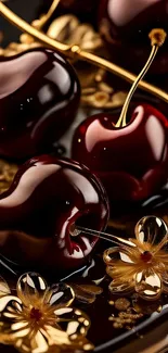 Cherries with gold floral decoration wallpaper.