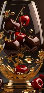 Artistic cherries and gold in a glass vase design wallpaper.